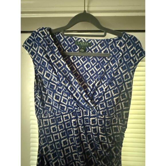 Lauren Ralph Lauren Dress Womens 4 Blue Ikat Geometric Sheath Ruched Sleeveless - Picture 6 of 9